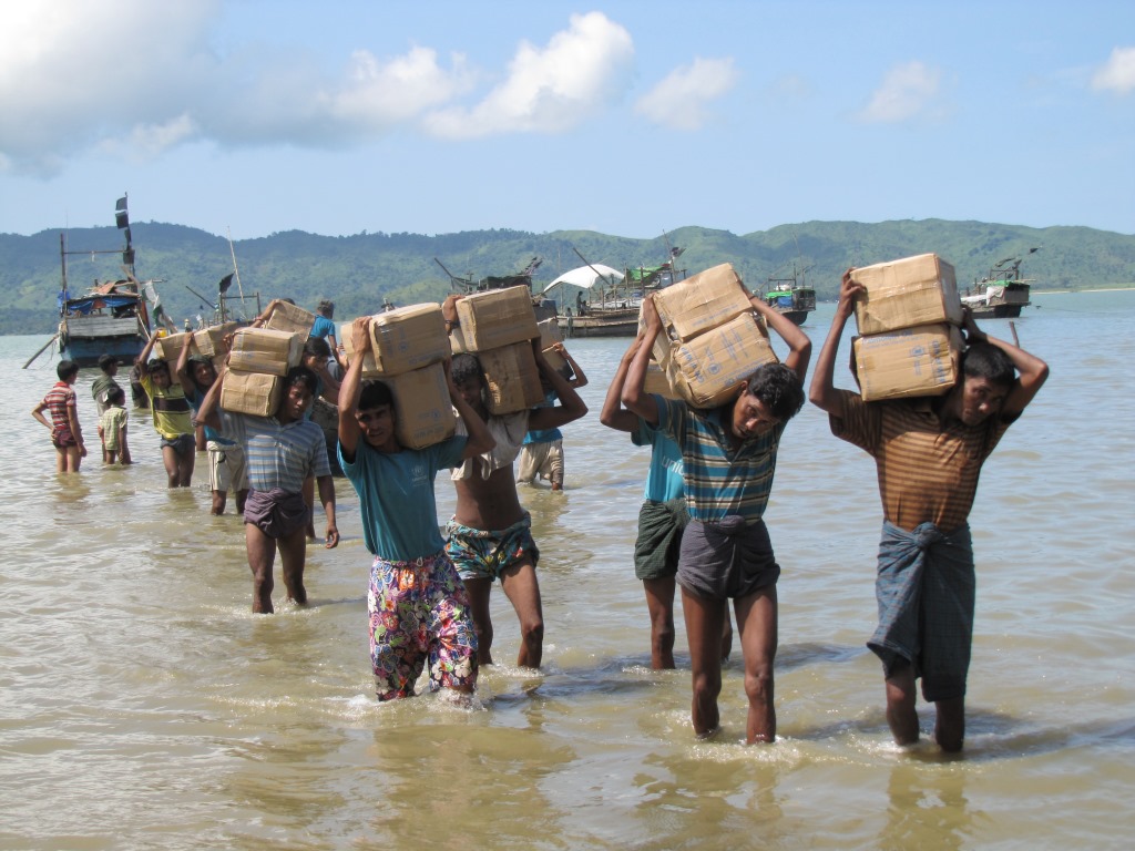 One IDP camp near Sittwe can only be accessed by sea with boats transporting vital aid supplies such as rice and cooking oil. / Rahkine State
