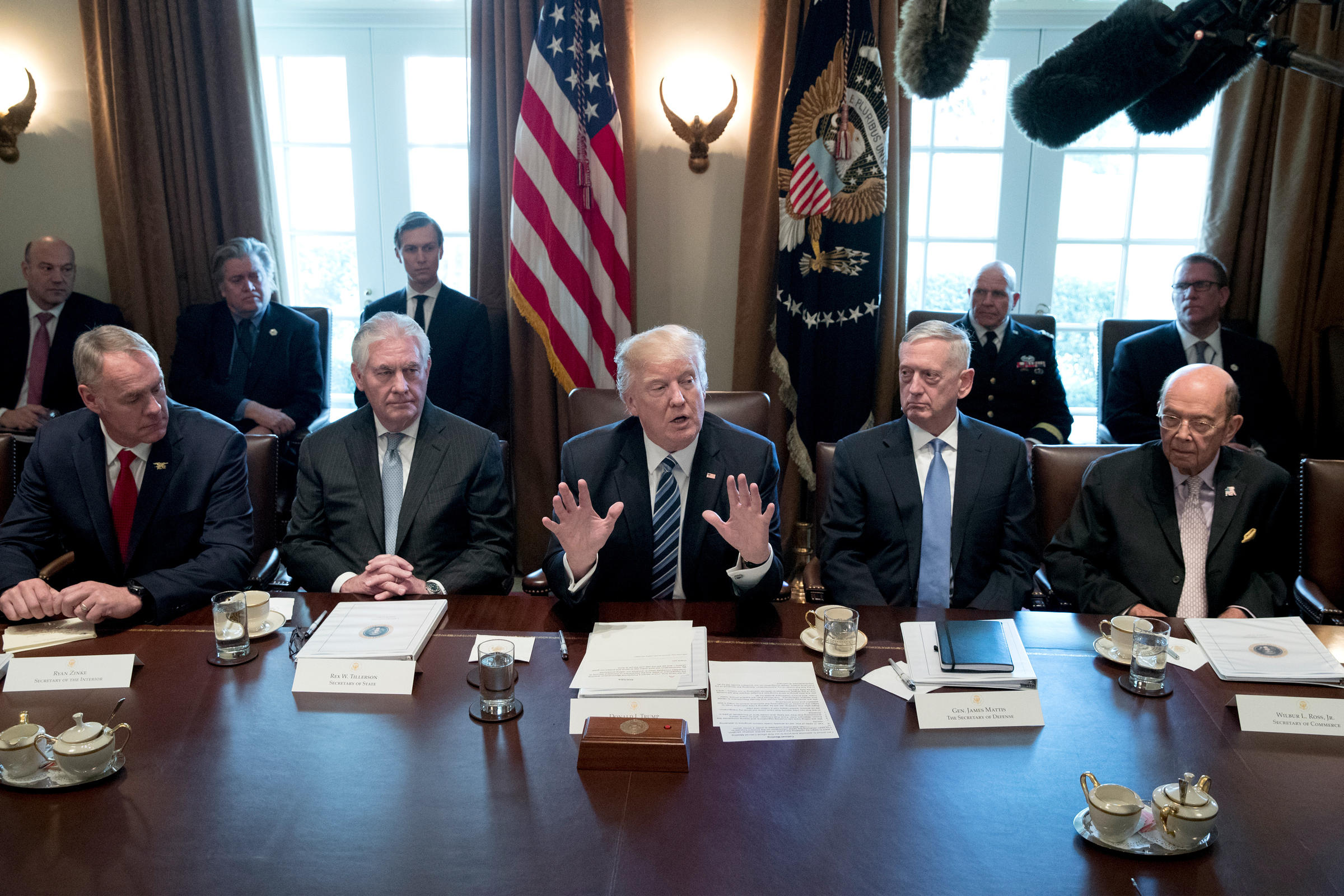 President Donald Trump holds his first official meeting with members of his Cabinet, including (from left) Secretary of the Interior Ryan Zinke, Secretary of State Rex Tillerson, Secretary of Defense James Mattis and Secretary of Commerce Wilbur Ross in March.