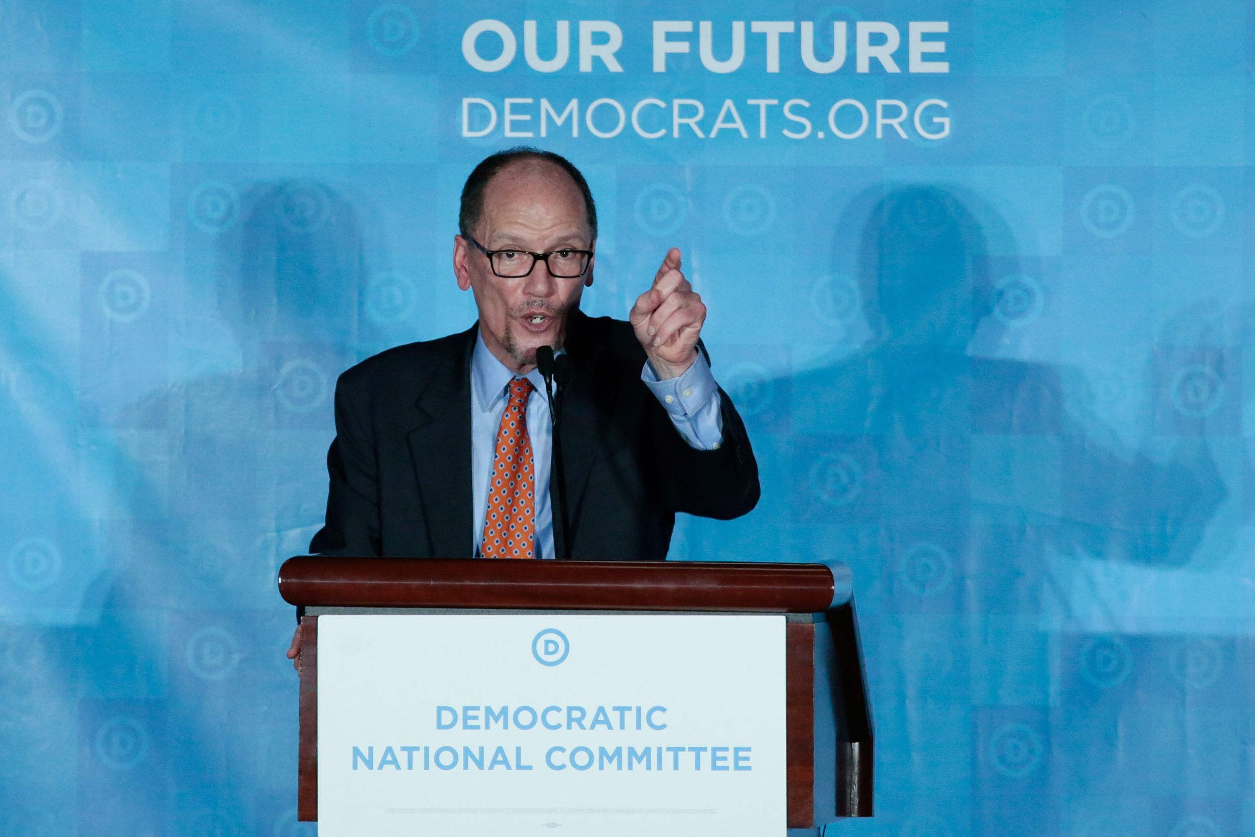 Tom Perez addresses the audience after being elected Democratic National Chair during the Democratic National Committee winter meeting in Atlanta