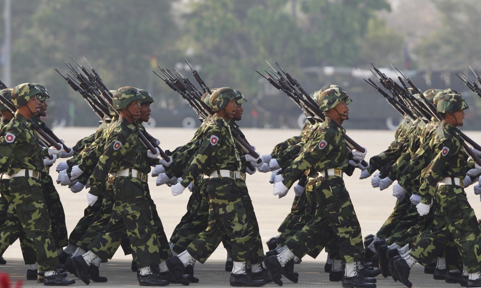 Soldiers march during a parade to mark the 69th anniversary of Armed Forces Day in Myanmar's capital Naypyitaw.