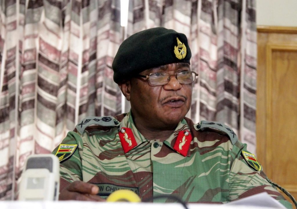 Zimbabwe’s Army Commander, Constantino Chiwenga addresses a press conference in Harare, Monday, Nov. 13, 2017. The army commander Monday criticized the instability in the country’s ruling party caused by President Robert Mugabe who last week fired a vice president. 