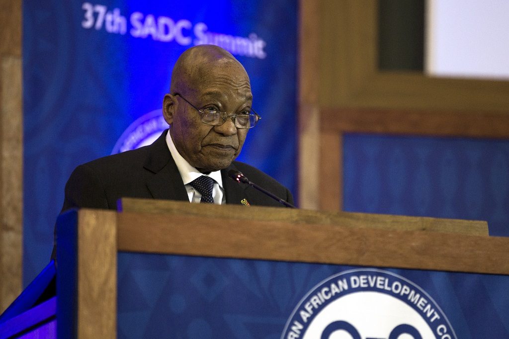 President of South Africa Jacob Zuma addresses Heads of State, delegations and the media at the Closing Ceremony of the 37th Southern African Development Community (SADC) Summit of Heads of State and Government at The OR Tambo Building in Pretoria on August 20, 2017. Regional leaders from the Southern African Development Community (SADC) attend the annual summit of heads of states, as South Africa and Zimbabwe jostle to avoid a diplomatic crisis over assault charges laid by a South African model against President Robert Mugabe's wife.