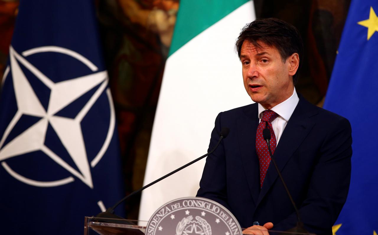 Italy’s Prime Minister Giuseppe Conte speaks during a media conference at Chigi palace in Rome