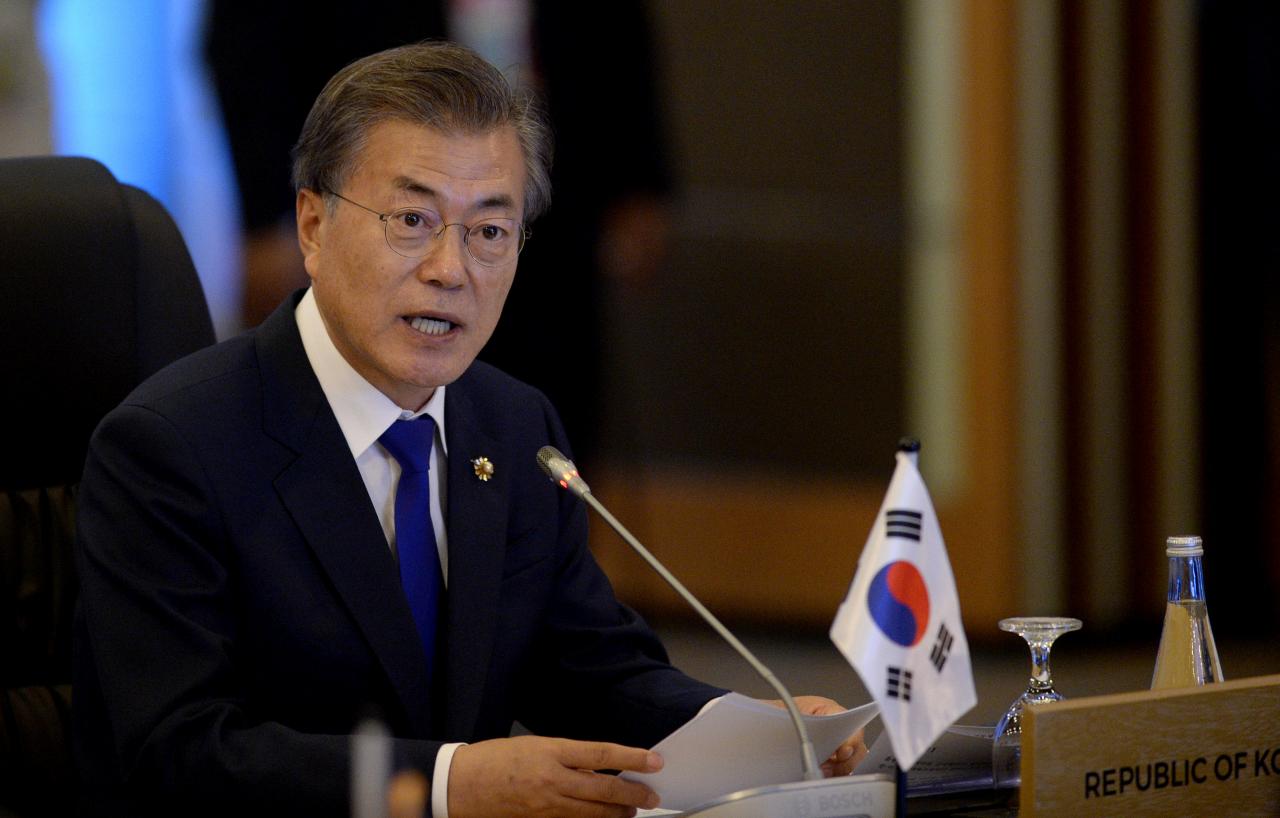 South Korea’s President Moon Jae-In delivers a statement during the 19th Association of Southeast Asian Nations (ASEAN)-Republic of Korea Summit in Manila