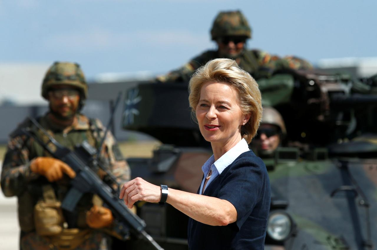 FILE PHOTO: German Defence Minister Ursula von der Leyen visits the Transport Helicopter Regiment 30 (Transporthubschrauberregiment 30) at the Hermann-Koehl-Kaserne in Niederstetten