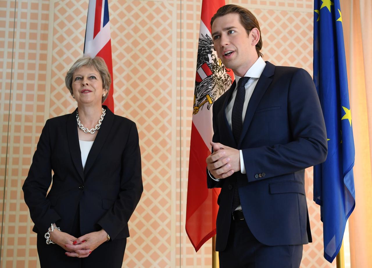 Austria’s Chancellor Kurz and Britain’s Prime Minister May address the media in Salzburg