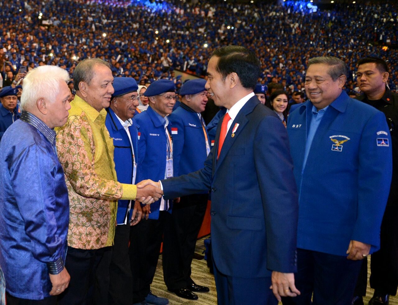 President Joko Widodo on Democratic Party National Leadership Meeting, 10 March 2018. Right behind him is the former President Susilo Bambang Yudhoyono which is also the chairman of the party.