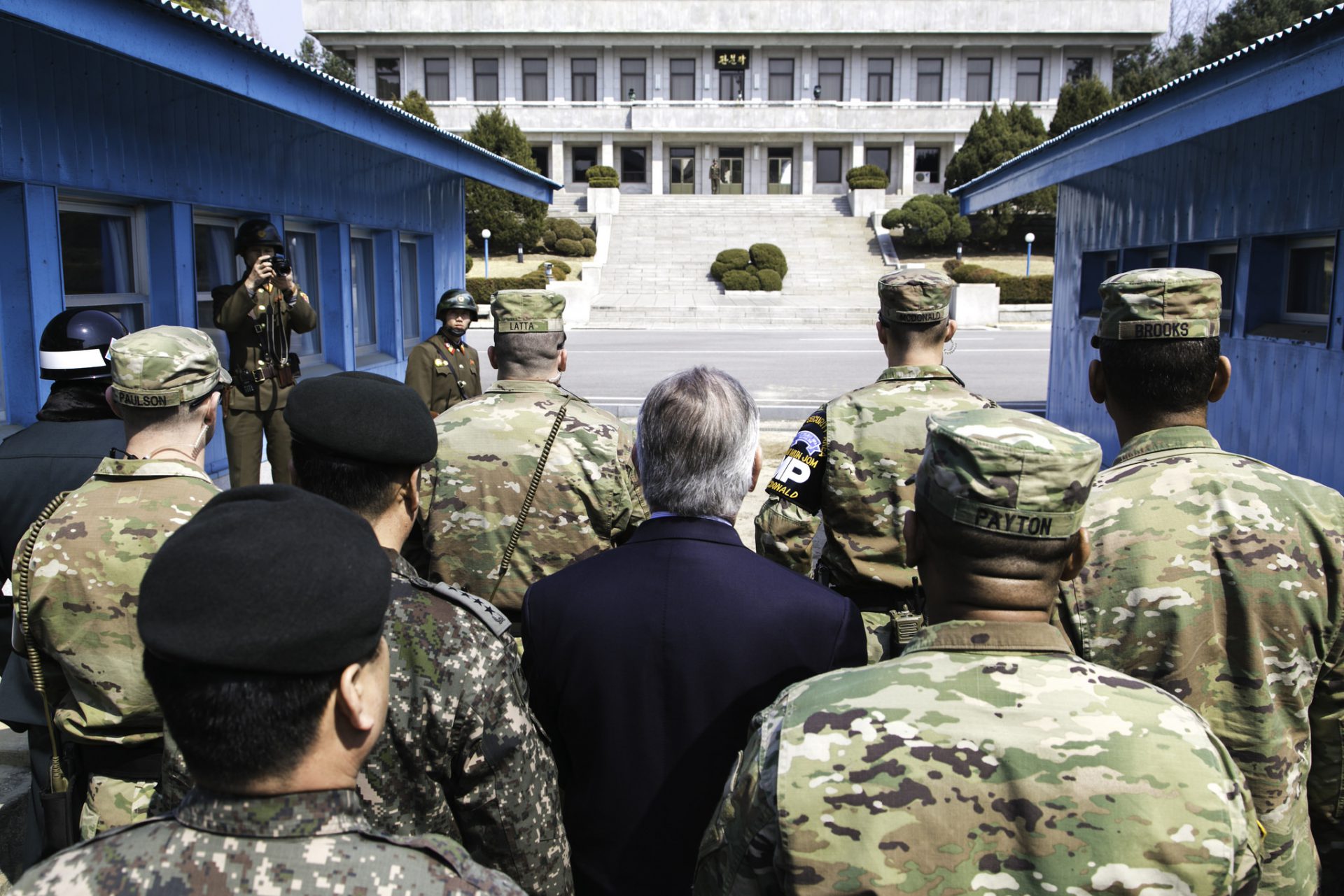 Gen. Vincent K. Brooks, United Nations Commander, Combined Forces Commander, and United States Forces Korea commander, and U.S. Secretary of State Rex Tillerson stand at the North/South Korean border during a visit to the Joint Security Area(JSA), Mar. 17, 2017.
