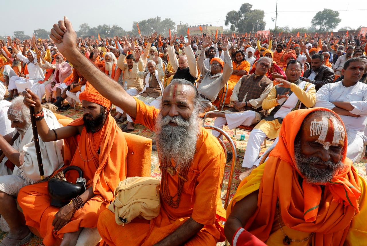 Sadhus or Hindu holymen shout slogans during “Dharma Sabha” or a religious congregation organised by VHP in Ayodhya