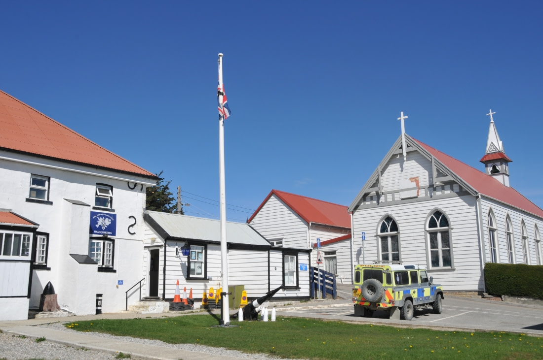 View of a church and parking lot in Port Stanley, Falkland Islands