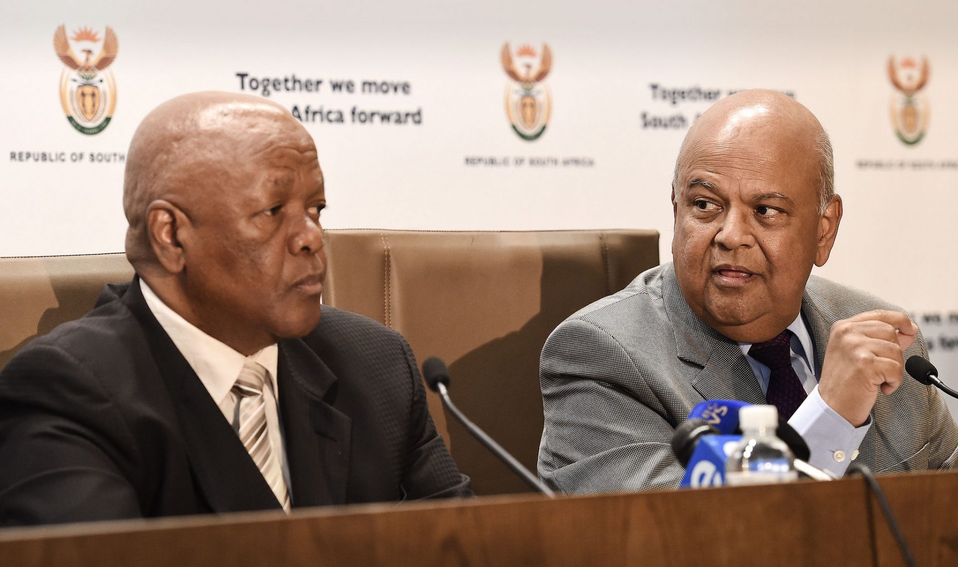 Minister in the Presidency responsible for Planning, Monitoring and Evaluation, Jeff Radebe and Minister of Finance Pravin Gordhan brief media on the outcomes of the Special Cabinet meeting held on the 13 January 2016, held at Tshedimosetso House in Pretoria.