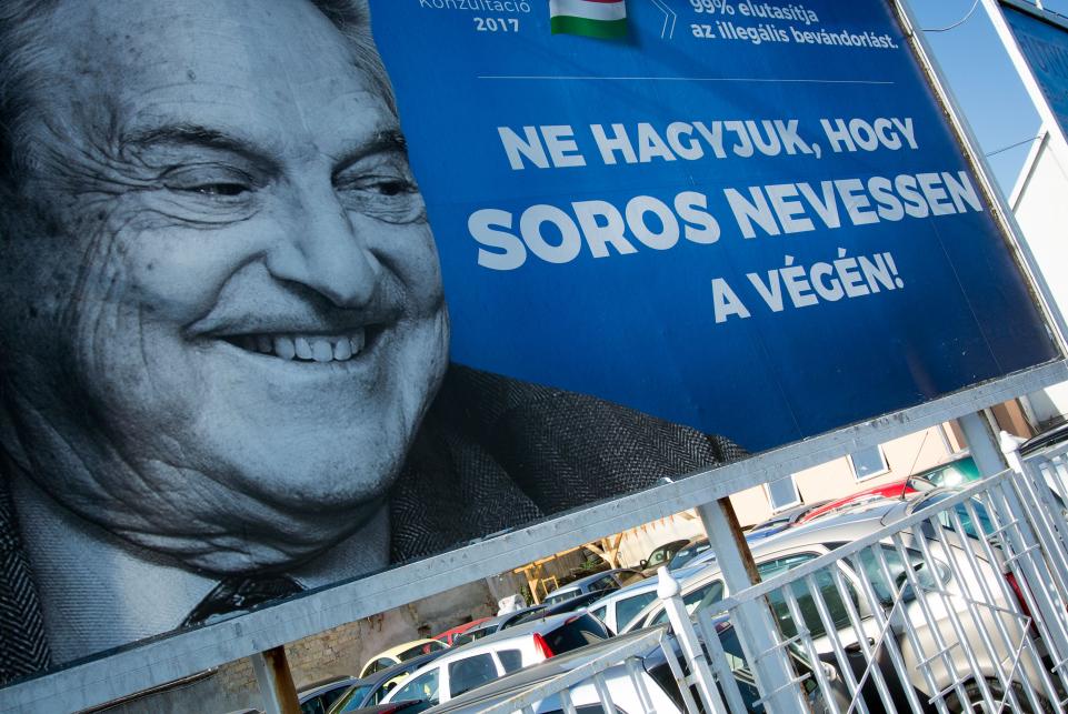 Poster reads: “Let’s not let Soros have the last laugh”