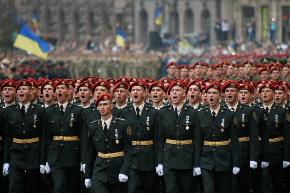 Servicemen march during Ukraine’s Independence Day military parade in central Kiev