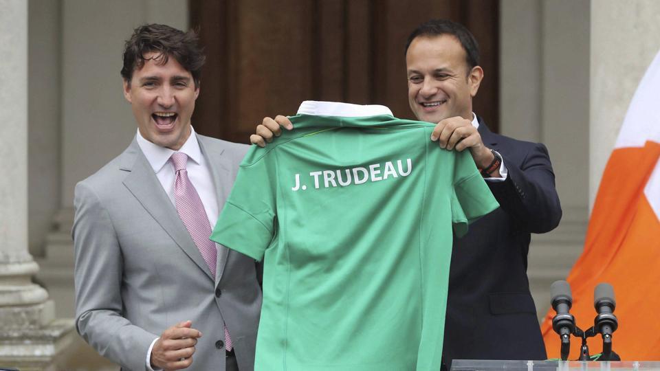 Irish Prime Minister Leo Varadkar presents Canada's Justin Trudeau with a gift