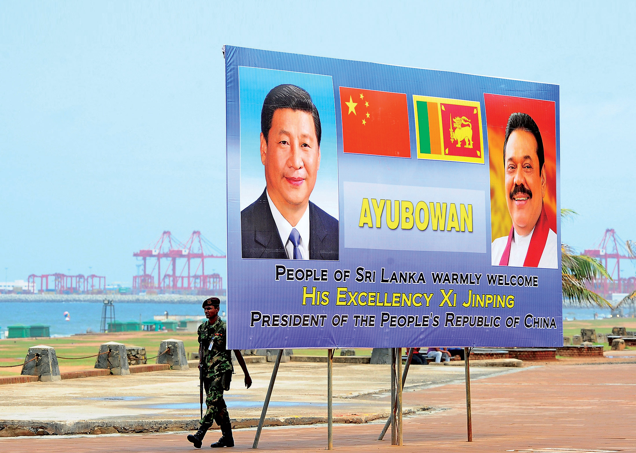 A poster in Sri Lanka welcomes China’s president after a succesful development project
