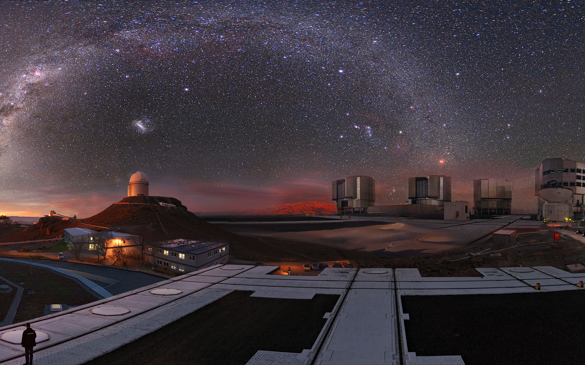 Image composition showing all the ESO observatories and the Headquarters.
