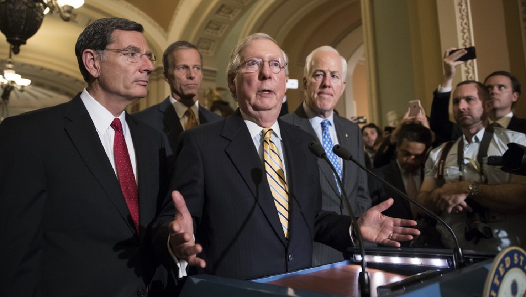 Republican Senate Majority Leader Mitch McConnell holds a press conference