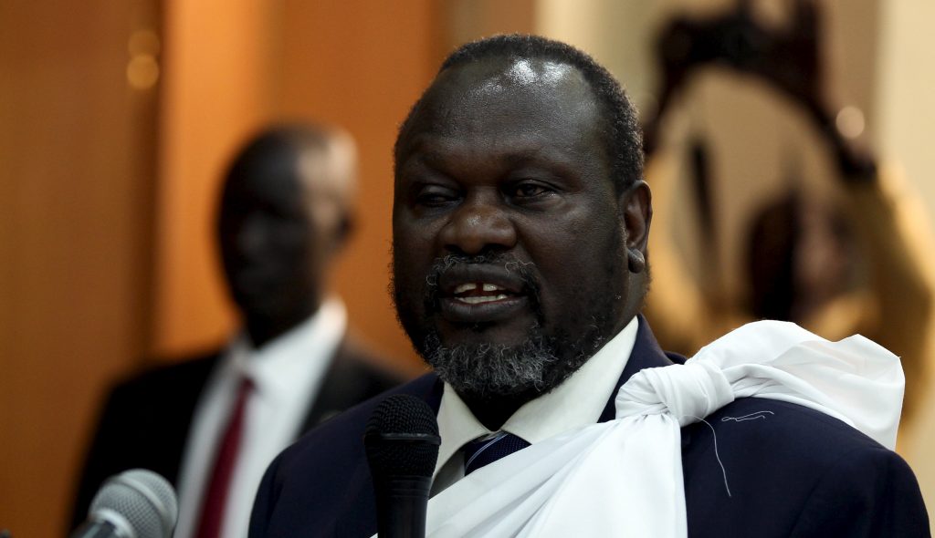 South Sudan opposition leader Riek Machar speaks during a briefing ahead of his return to South Sudan as vice president, in Ethiopia's capital Addis Ababa April 9, 2016.