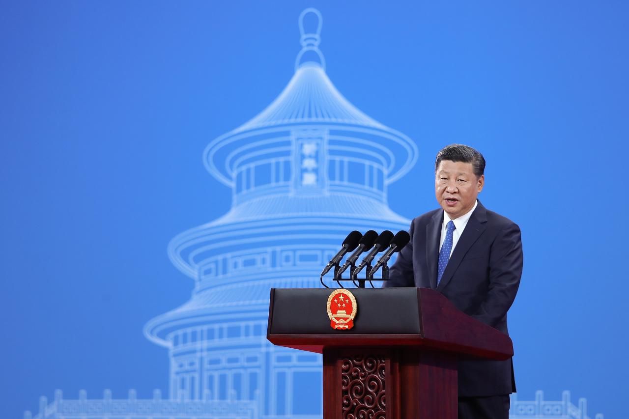 Chinese President Xi Jinping speaks during the 86th INTERPOL General Assembly at Beijing National Convention Center on September 26, 2017 in Beijing, China.