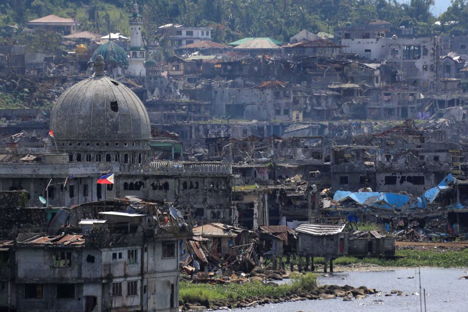 Damaged buildings in a war-torn area in Marawi city
