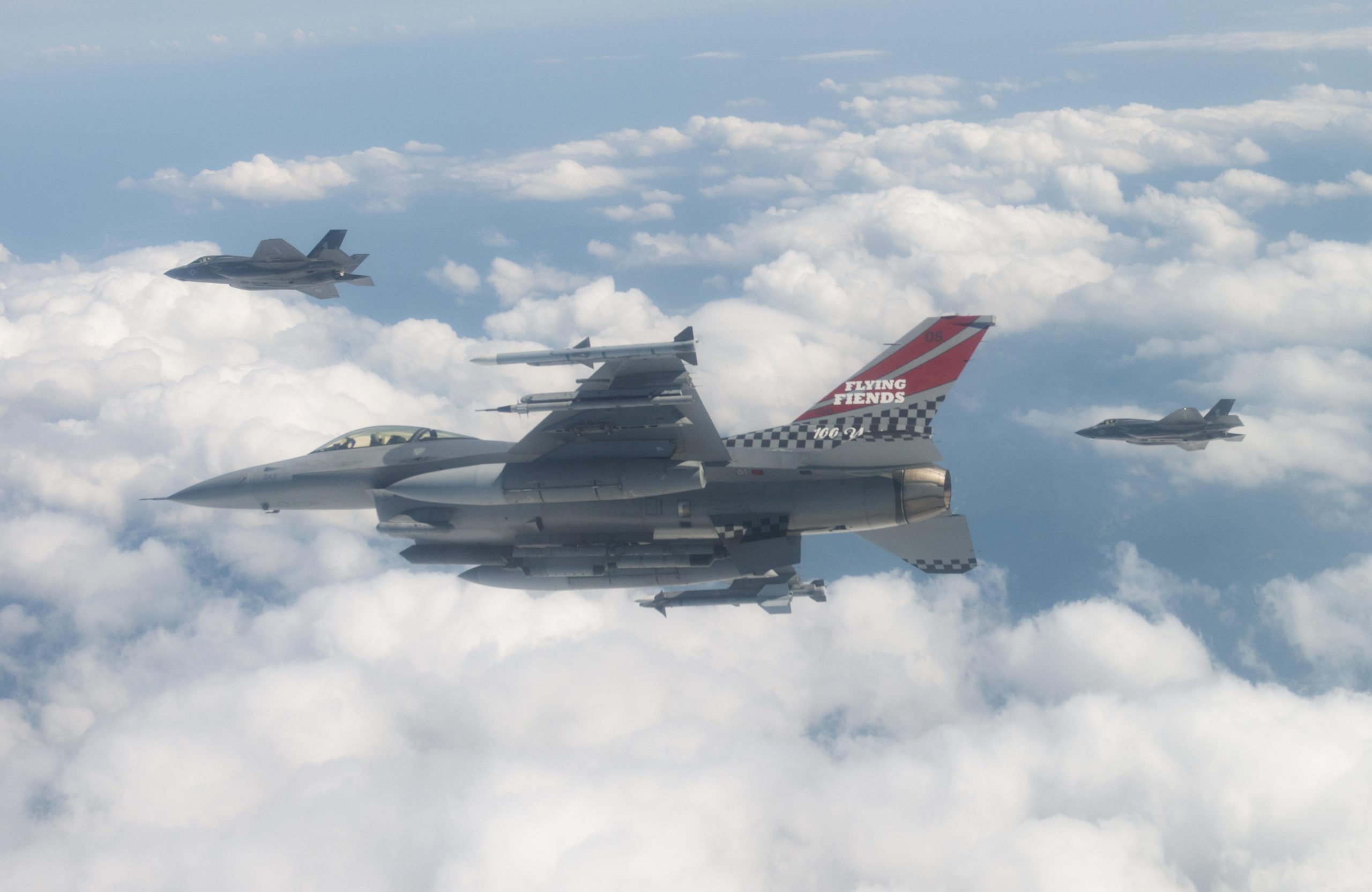 A U.S. Air Force F-16 Fighting Falcon assigned to the 51st Fighter Wing at Osan Air Base, South Korea, flies with two U.S. Marine Corps F-35B Lightning II stealth fighters over the Korean Peninsula Aug. 30, 2017. This mission was conducted with U.S. Air Force B-1B Lancers in a direct response to North Korea’s intermediate range ballistic missile launch, which flew directly over northern Japan on Aug. 28, 2017 amid rising tension over North Korea’s nuclear and ballistic missile development programs.