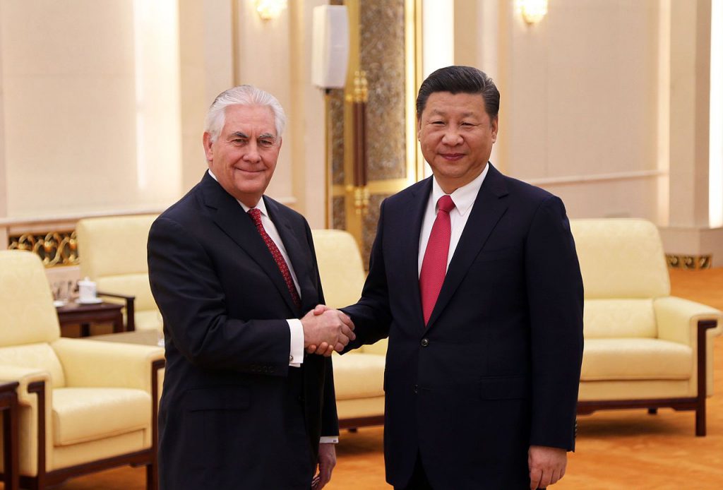 U.S. Secretary of State Rex Tillerson shakes hands with Communist Party of China's General Secretary Xi Jinping before their bilateral meeting in Beijing, China, on March 19, 2017.