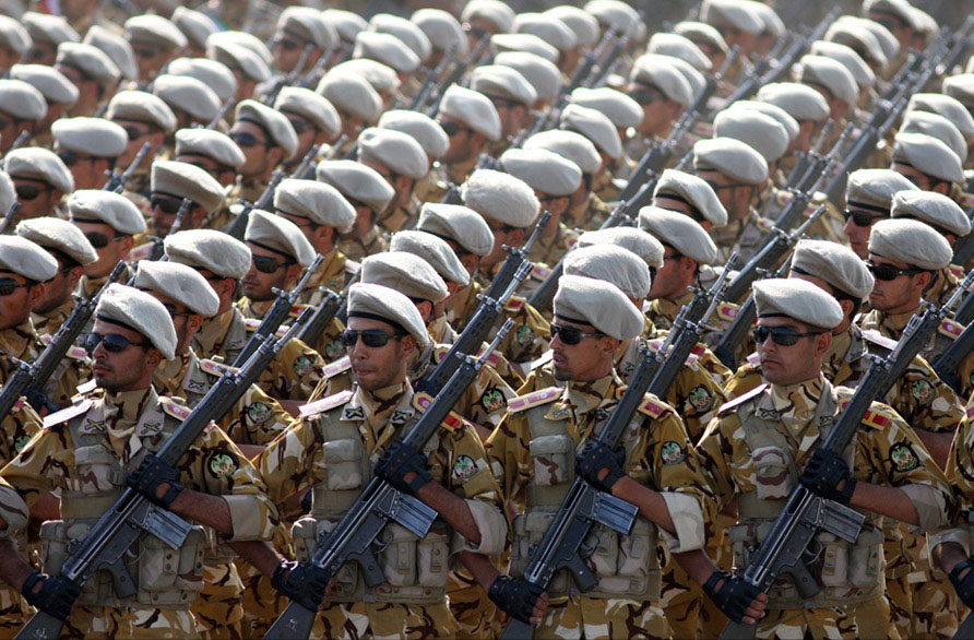 Islamic Republic of Iran Army soldiers marching in front of highest-ranking commanders of Armed Forces of the Islamic Republic of Iran during Sacred Defence Week parade / Iranian protests