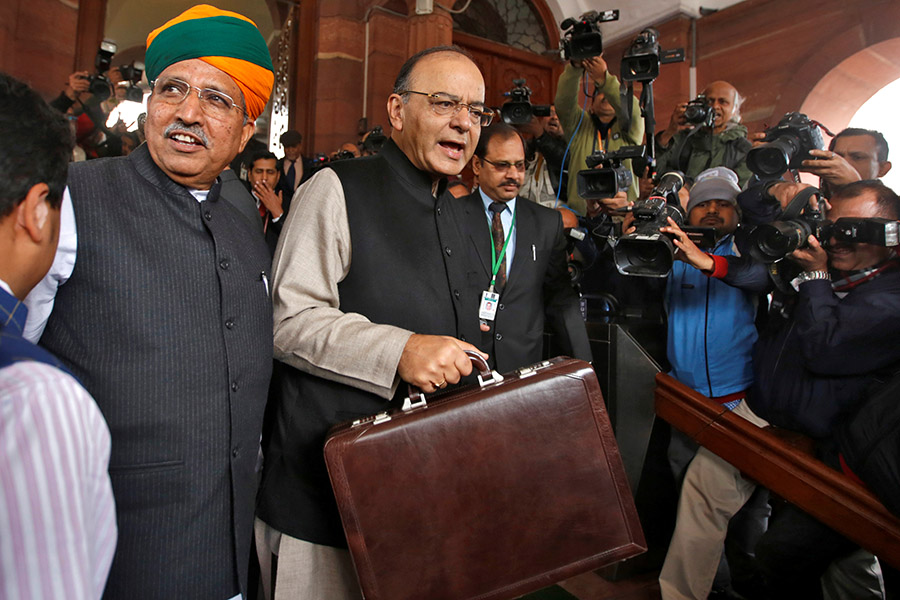 India’s Finance Minister Jaitley arrives at the parliament where he is due to present the federal budget, in New Delhi