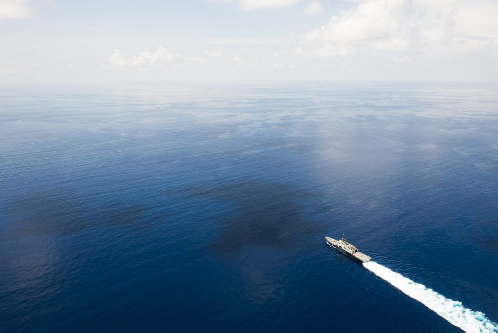 The littoral combat ship USS Fort Worth (LCS 3) conducts patrols in international waters of the South China Sea near the Spratly Islands.