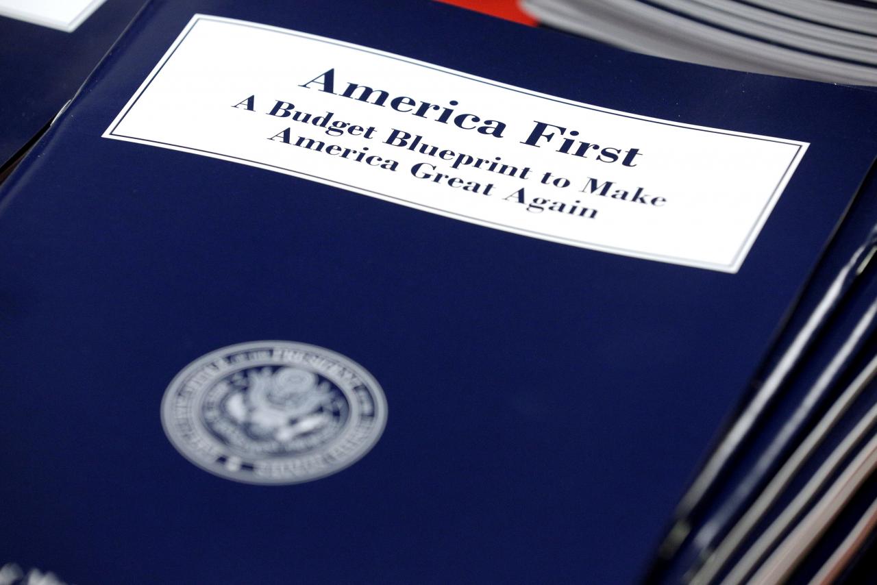 FILE PHOTO: U.S. President Donald Trump’s overview of the budget for Fiscal Year 2018 are displayed at the U.S. Government Publishing Office in Washington
