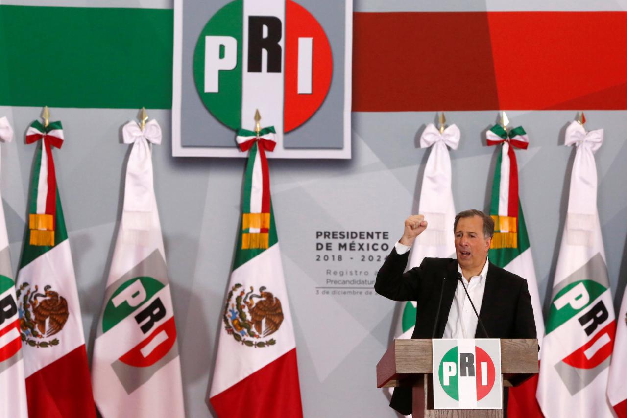 FILE PHOTO: Jose Antonio Meade, former Mexico Finance Minister, delivers a speech to his supporters, after registering as a presidential pre-candidate for the Institutional Revolutionary Party (PRI), in Mexico City