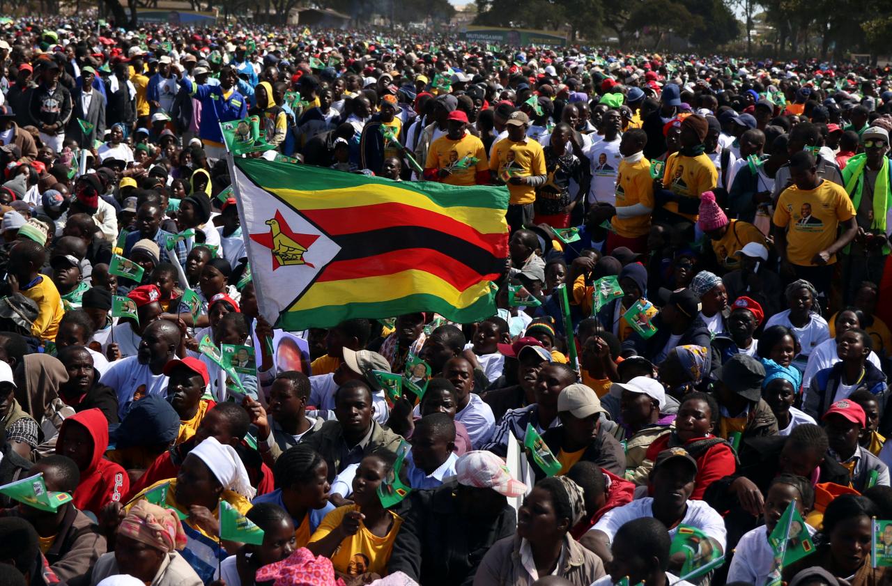 Supporters of President Emmerson Mnangagwa gather at an election rally in Marondera