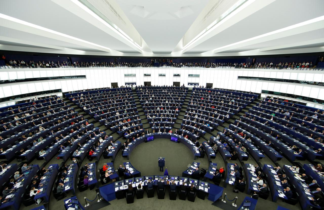A general view shows the European Commission President Jean-Claude Juncker addressing the European Parliament during a debate on The State of the European Union in Strasbourg