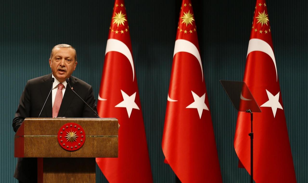 Turkish President Tayyip Erdogan speaks during a news conference at the Presidential Palace in Ankara