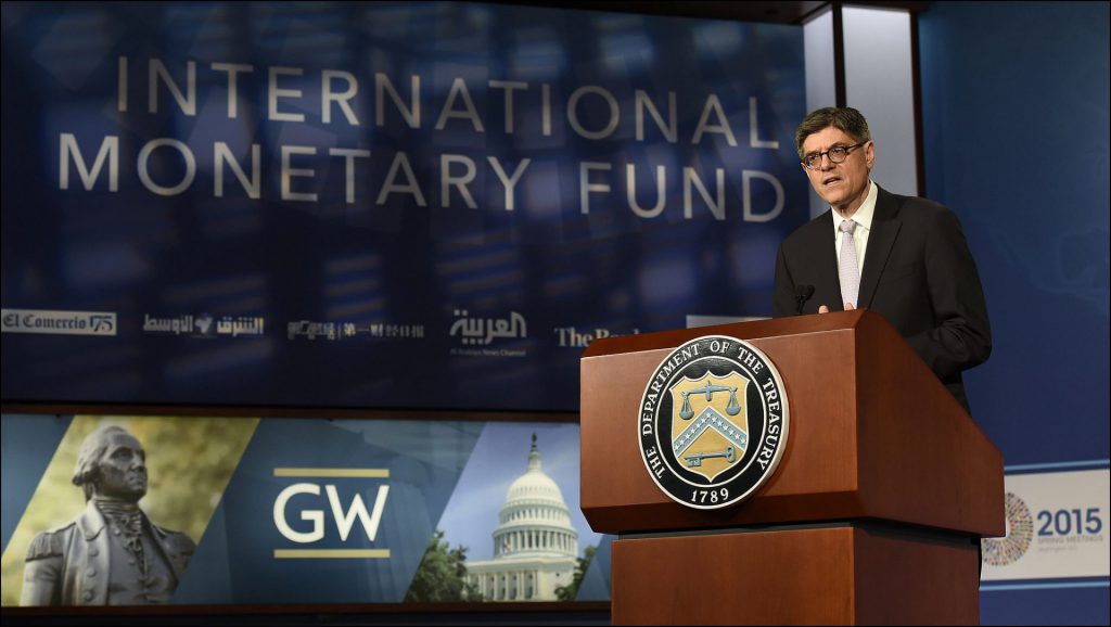 Secretary Lew speaks at the spring meeting of the International Monetary Fund (IMF) and World Bank and the G-20 Finance Ministers and Central Bank Governors Meeting at George Washington University in Washington, D.C. on April 17, 2015.