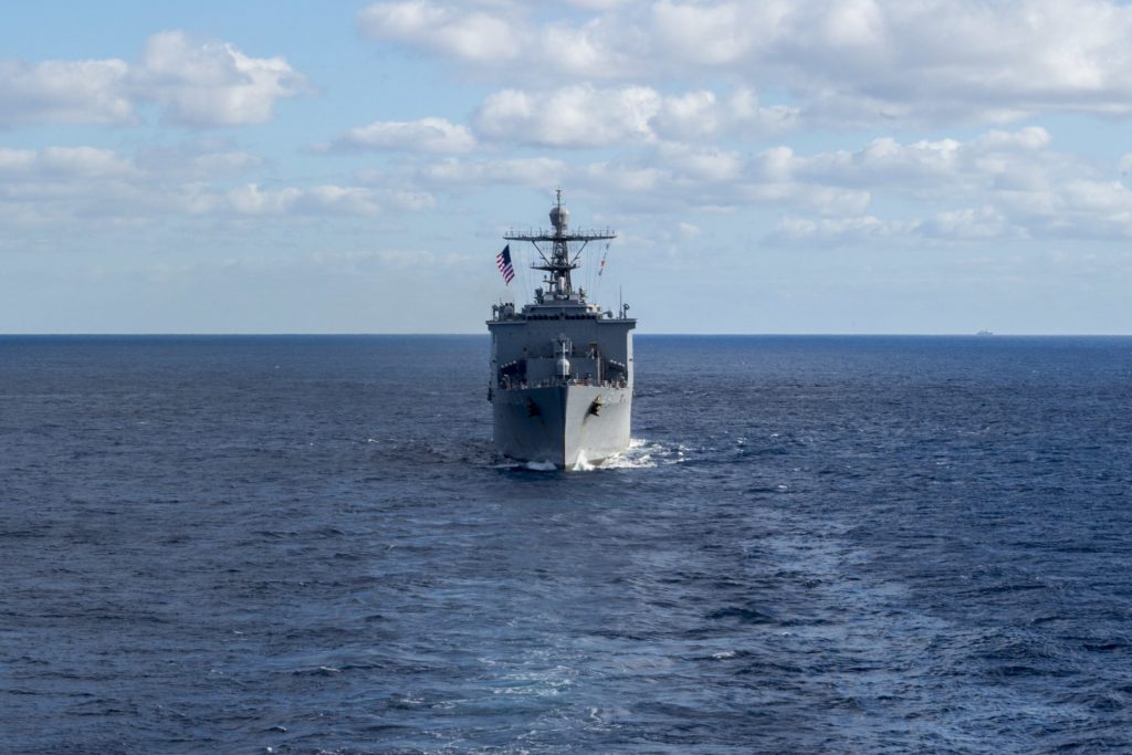The amphibious dock landing ship USS Ashland (LSD 48) steams in a 19-ship formation with U.S.-Australian-New Zealand ships at the conclusion of Talisman Saber 17. Talisman Saber is a biennial U.S.-Australia bilateral exercise held off the coast of Australia meant to achieve interoperability and strengthen the U.S.-Australia alliance / AUSMIN