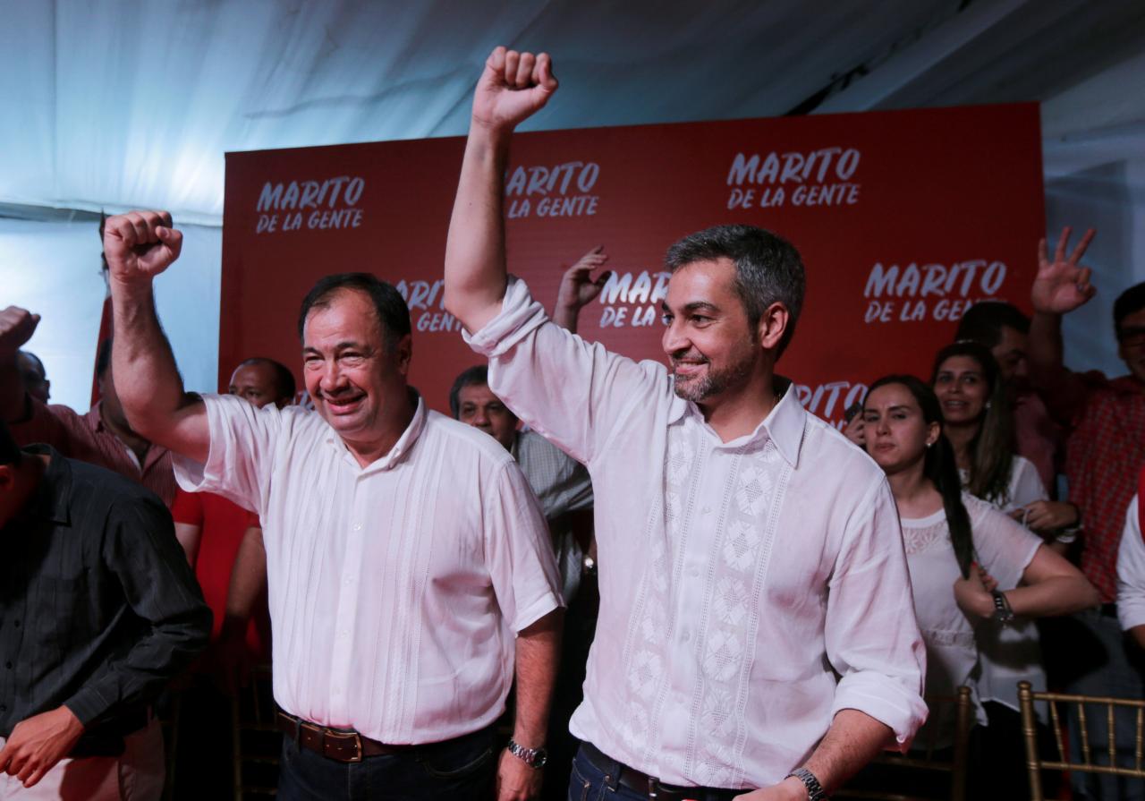 Paraguay’s Presidential pre-candidate Mario Abdo Benitez of the Colorado party celebrates with supporters at his headquarters in Asuncion
