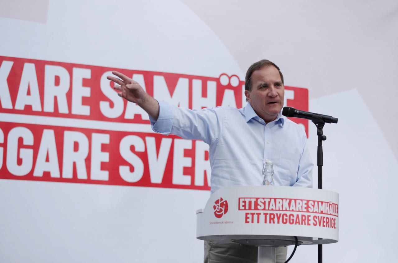 FILE PHOTO: Stefan Lofven, Swedish PM and leader of the Social Democrats, campaigns ahead of the Swedish general election in Uppsala