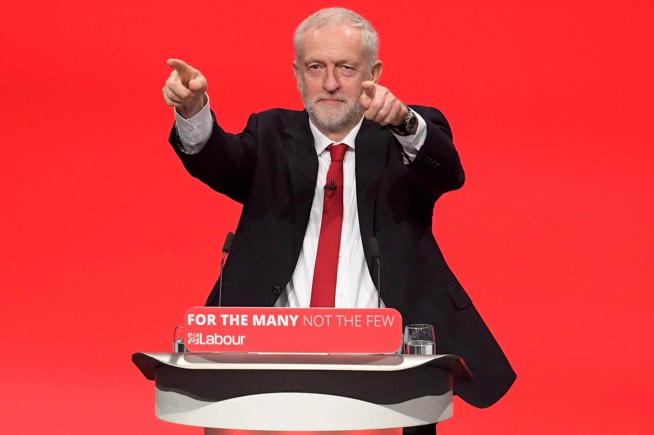 Britain’s opposition Labour Party Leader Jeremy Corbyn delivers his keynote speech at the Labour Party Conference in Brighton