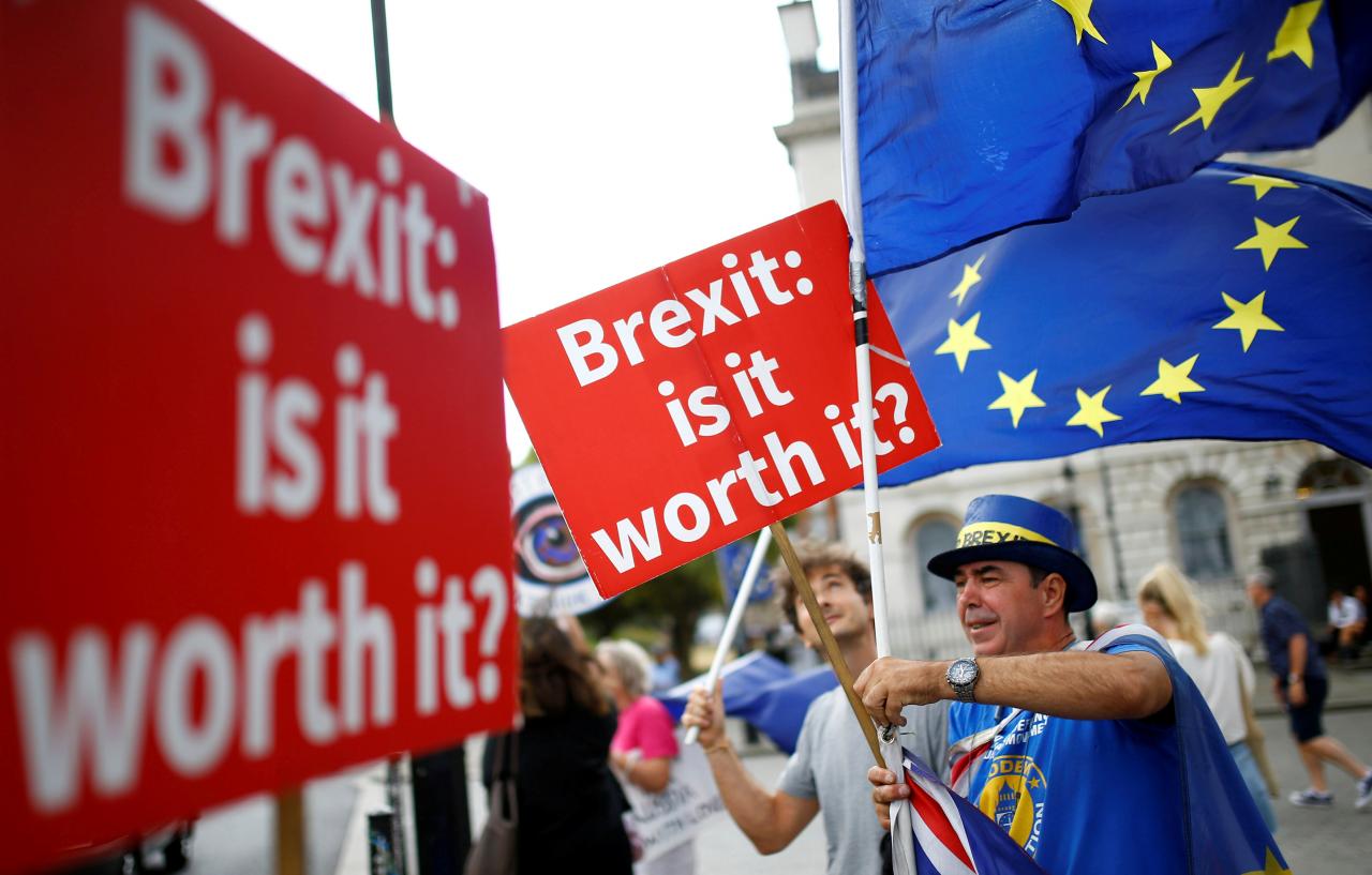 FILE PHOTO: Pro-EU demonstrators wave flags outside the Houses of Parliament in Westminster London