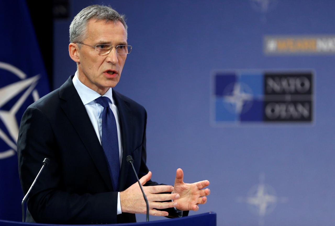 NATO Secretary-General Stoltenberg addresses a news conference at the Alliance headquarters in Brussels