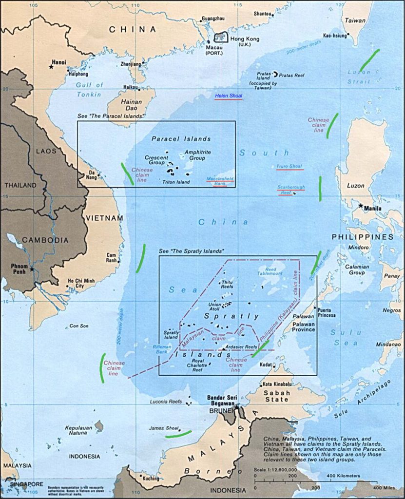 Map of the South China Sea, with 9-dotted line highlighted in green