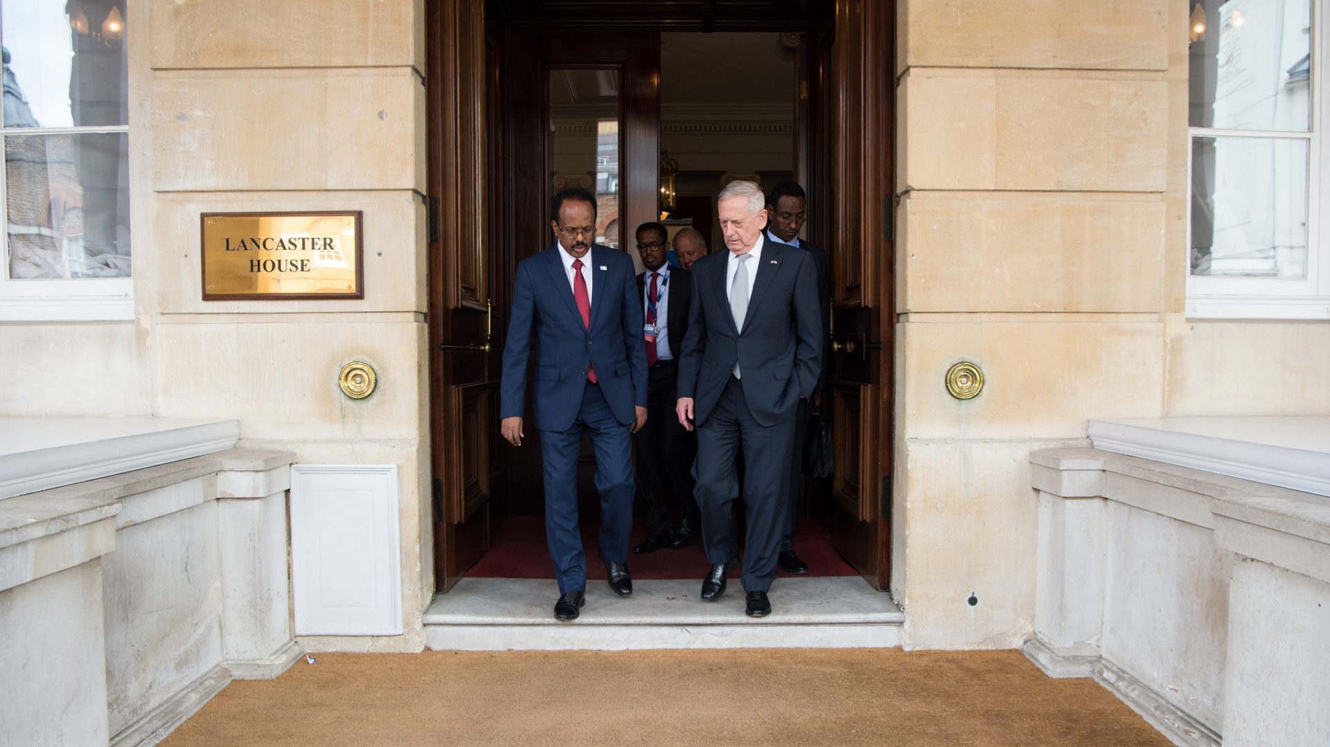 Secretary of Defense Jim Mattis talks with Somalia’s President Mohamed Abdullahi Mohamed during an international conference on Somalia at the Lancaster House in London on May 11, 2017.
