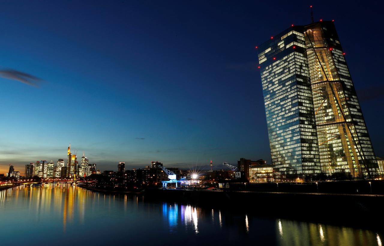 The skyline with its financial district and the headquarters of the European Central Bank (ECB) are photographed in the early evening in Frankfurt
