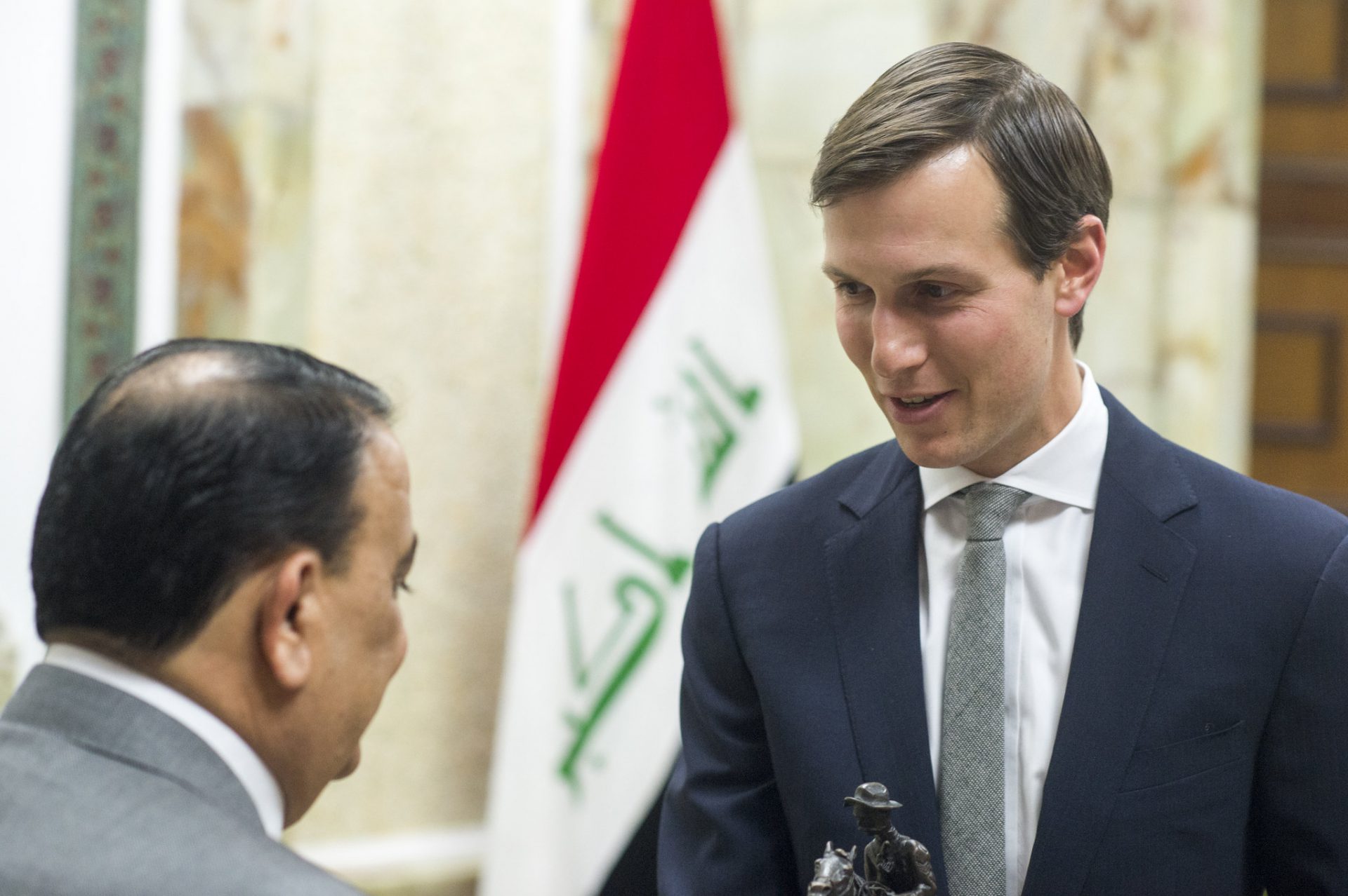 Jared Kushner, Senior Advisor to President Donald J. Trump, receives a gift from Iraqi Minister of Defense Erfan al-Hiyali at the Ministry of Defense in Baghdad, Iraq, April 3, 2017. / Kushner’s plan