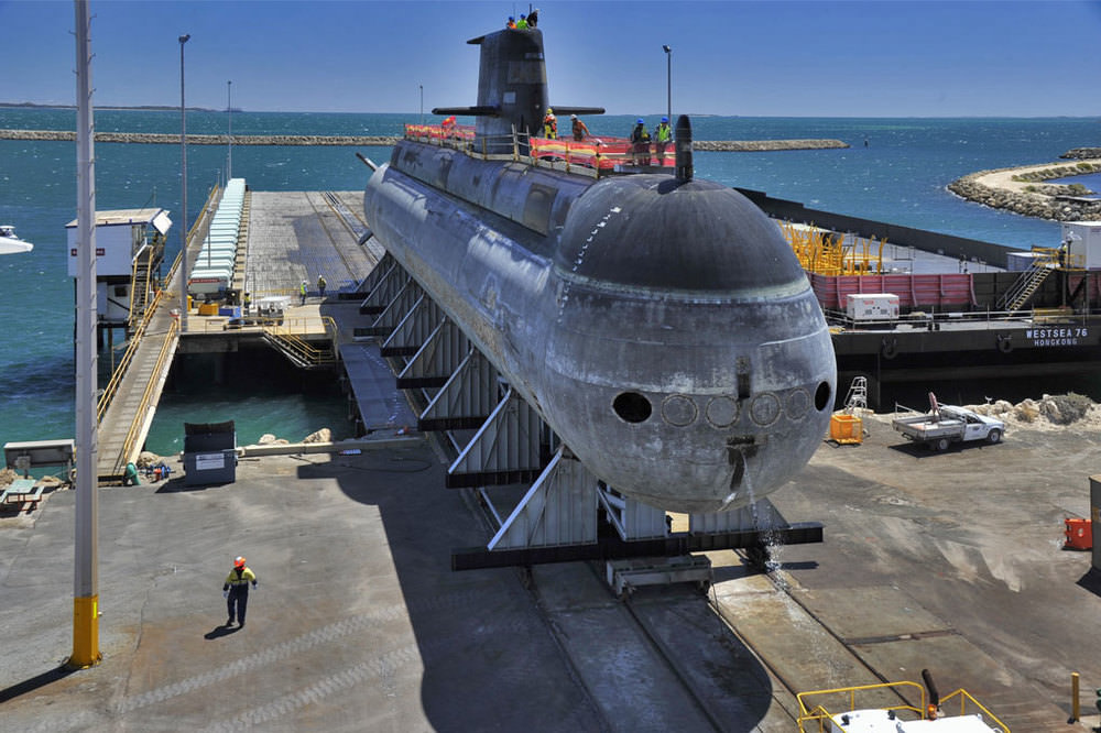 A Collins-class submarine at BAE Henderson, Australia. / Attack class submarine