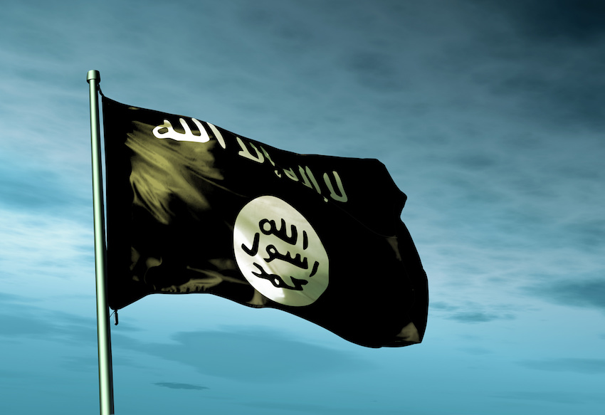 Islamic State flag waving on the wind / Allied Democratic Forces