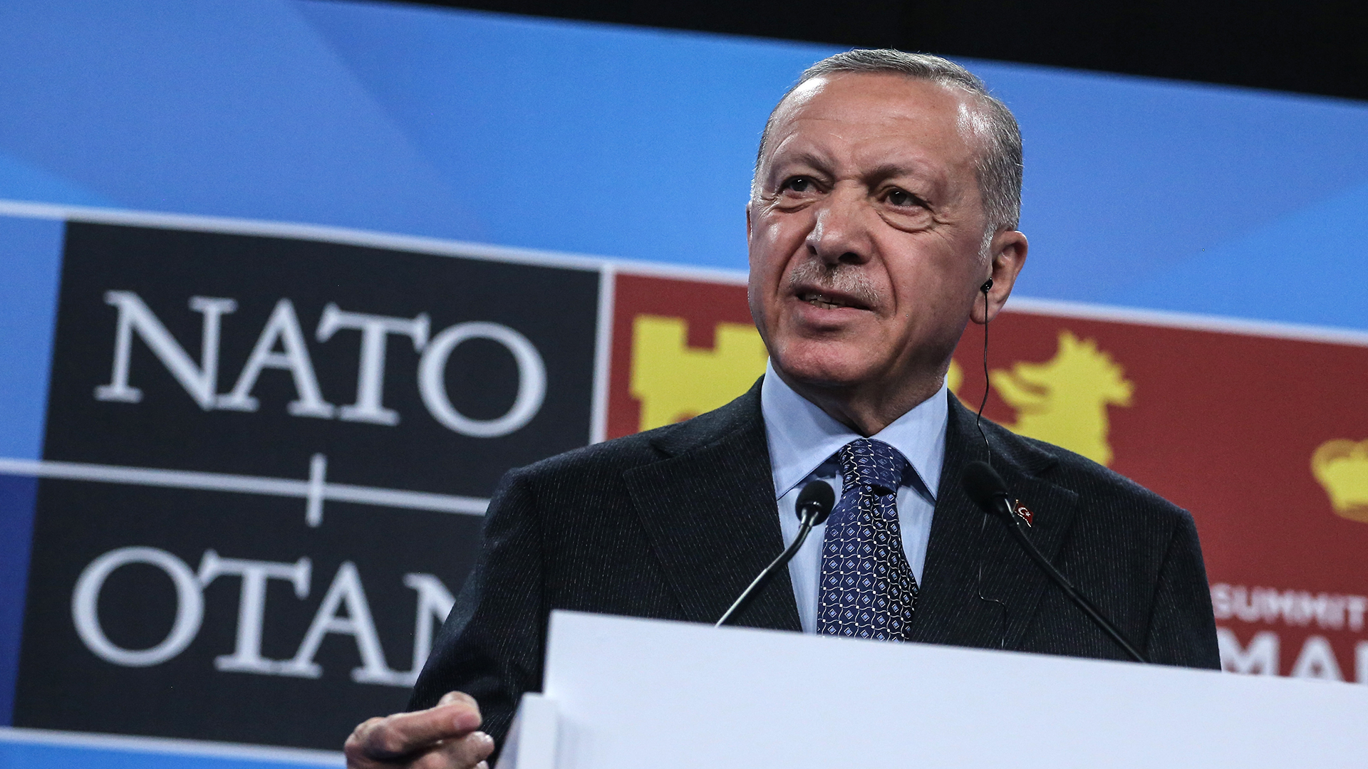 Turkish President Recep Tayyip Erdogan speaking at NATO meeting in Madrid