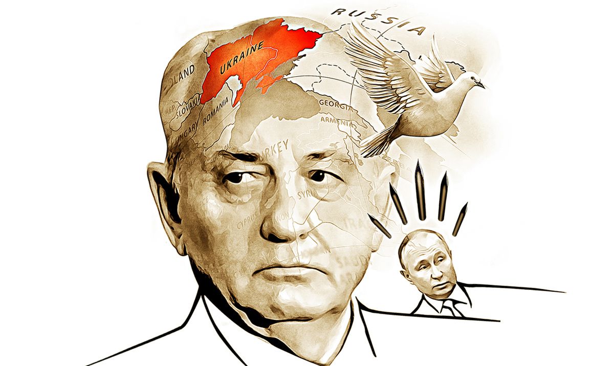 A political illustration depicting the disparate political philosophies of Mikhail Gorbachev and current President Vladimir Putin